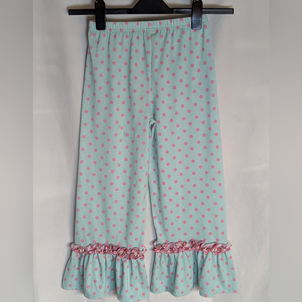 Matilda Jane girls sz 8 ruffled pants or sleepwear green with pink polka dots - Picture 2 of 5